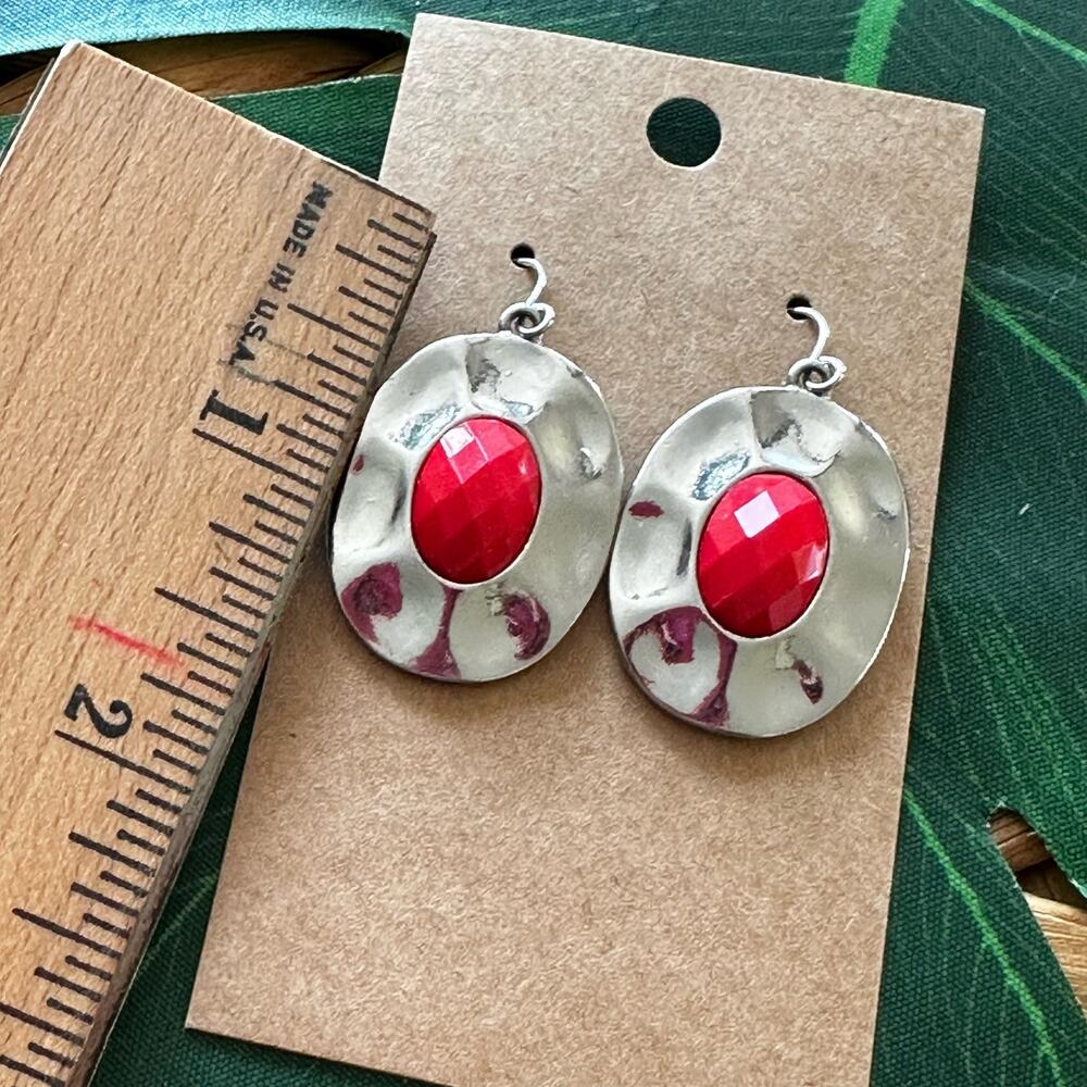 BOGO FREE Bohemian Style Metal Red Gemstone Asymmetrical Oval Shaped Earrings - Picture 6 of 6